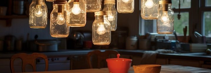 Lampen in Einmachgläsern über Küchentisch